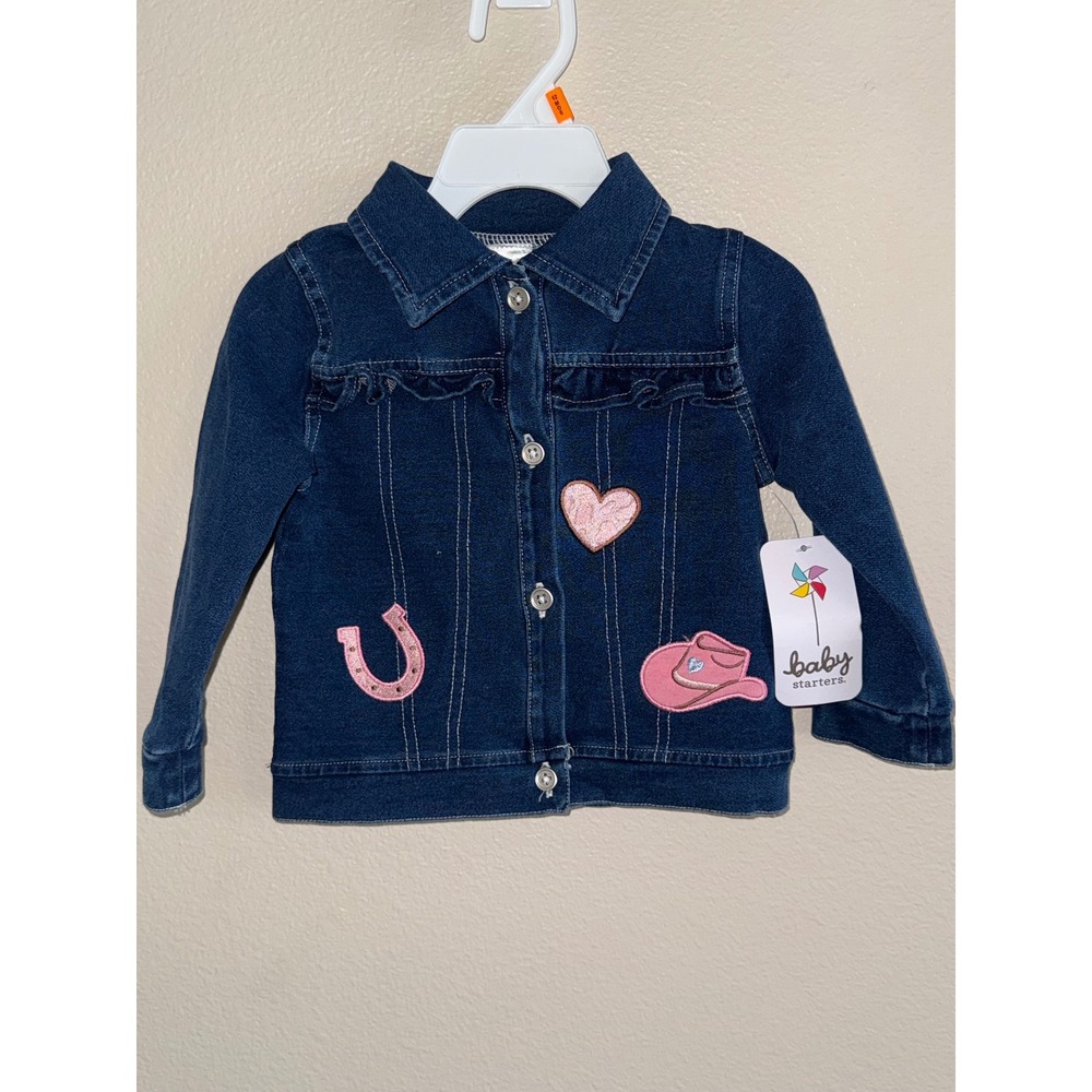 Baby Starters Girls 12M Denim Jacket Western Pink Heart Horse Shoe Cowgirl  NWT